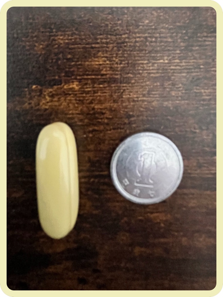 NOW クエン酸マグネシウム ソフトジェルの粒の大きさ比較（1円玉と並べた写真）