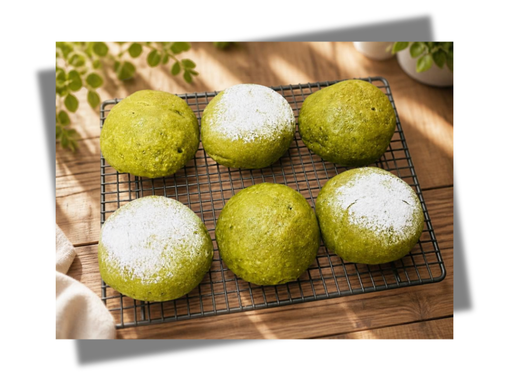 米粉をふった3個とふらない3個を並べた、米粉の抹茶カスタードクリームパン